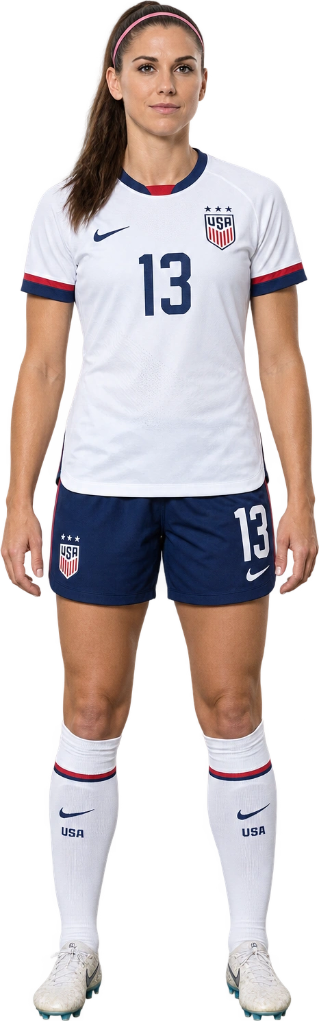 Illustrated likeness of Alex Morgan, Illustrated likeness · listed stature. U.S. Soccer listed stature · 5 ft 7 in · footwear not stated: 1.7018 meters.