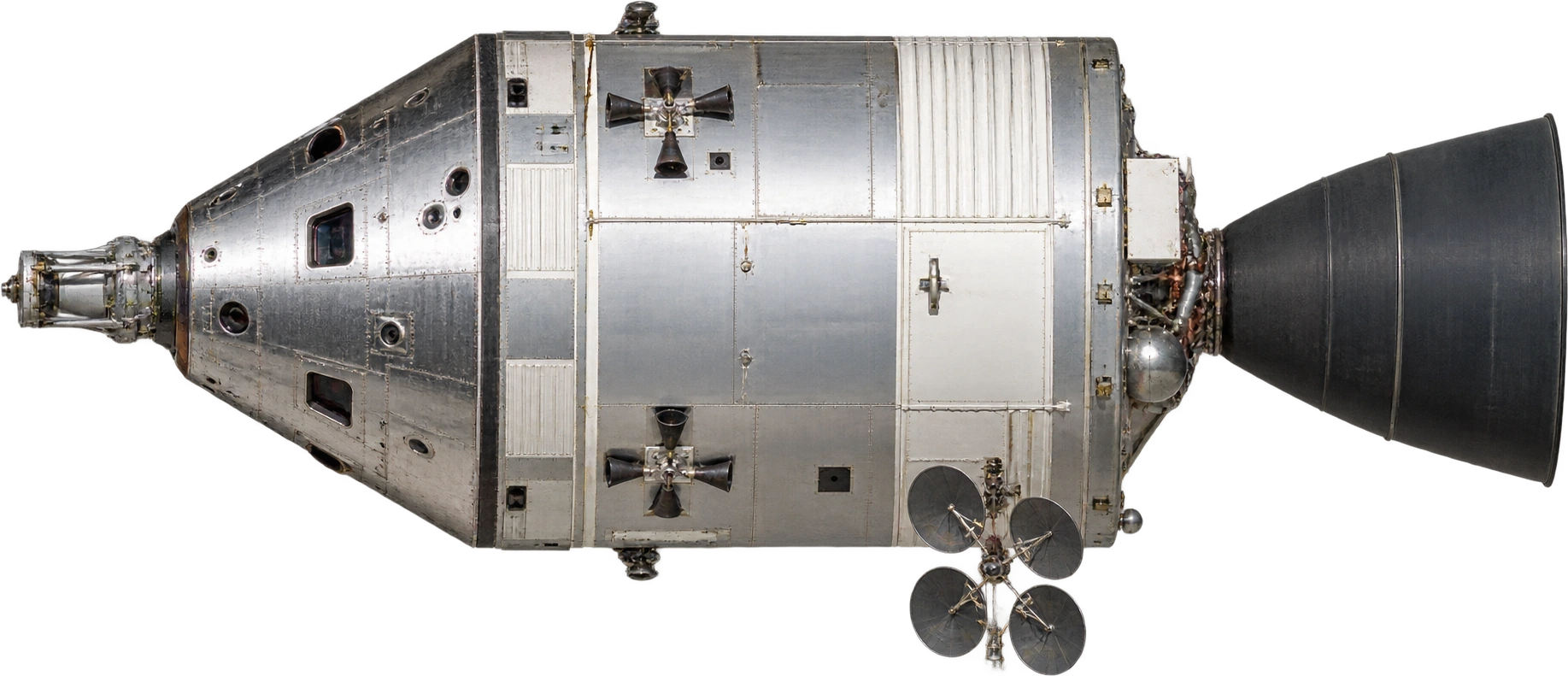 Apollo command and service module, Apollo Block II · assembled command and service modules. Approximate assembled length · 11 meters: 11 meters, illustrative estimate.