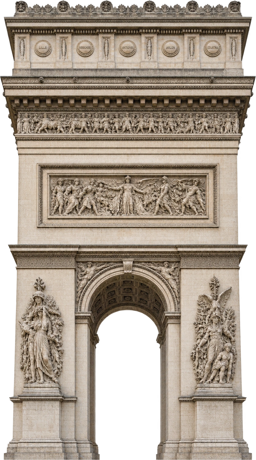 Arc de Triomphe, Paris, France. Overall monument height · rounded 50 m reference: 50 meters.