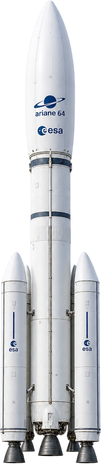 Ariane 6, Ariane 64 · VA268, April 2026 · long fairing. Approximate full Ariane 64 launch height · 20-meter fairing and four P120C boosters: 62 meters, illustrative estimate.