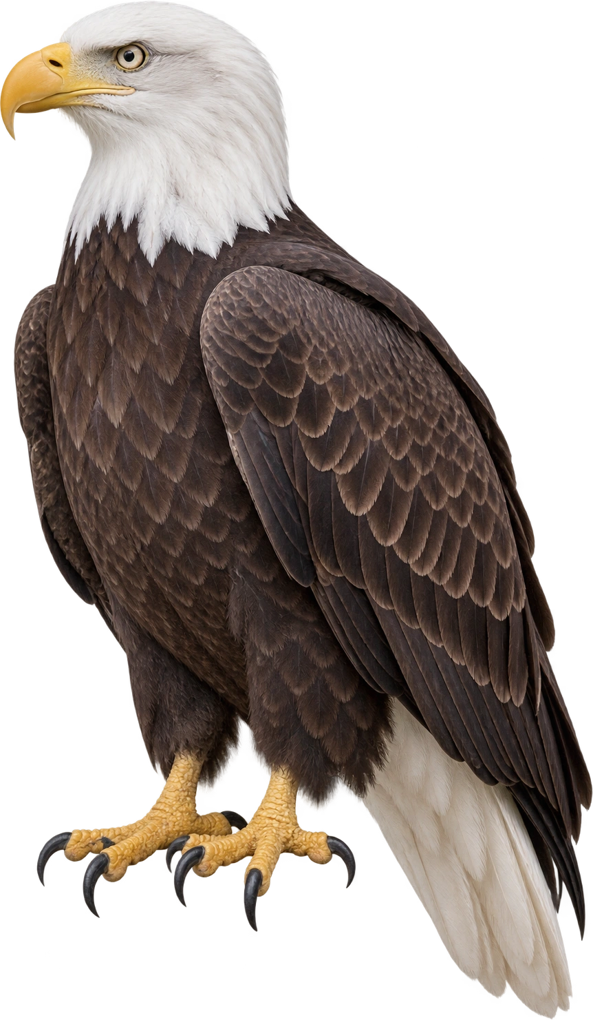 Bald eagle, Perched adult · rounded standing-height reference. Zoo-described standing height · approximately 2 feet: 0.6096 meters, illustrative estimate.