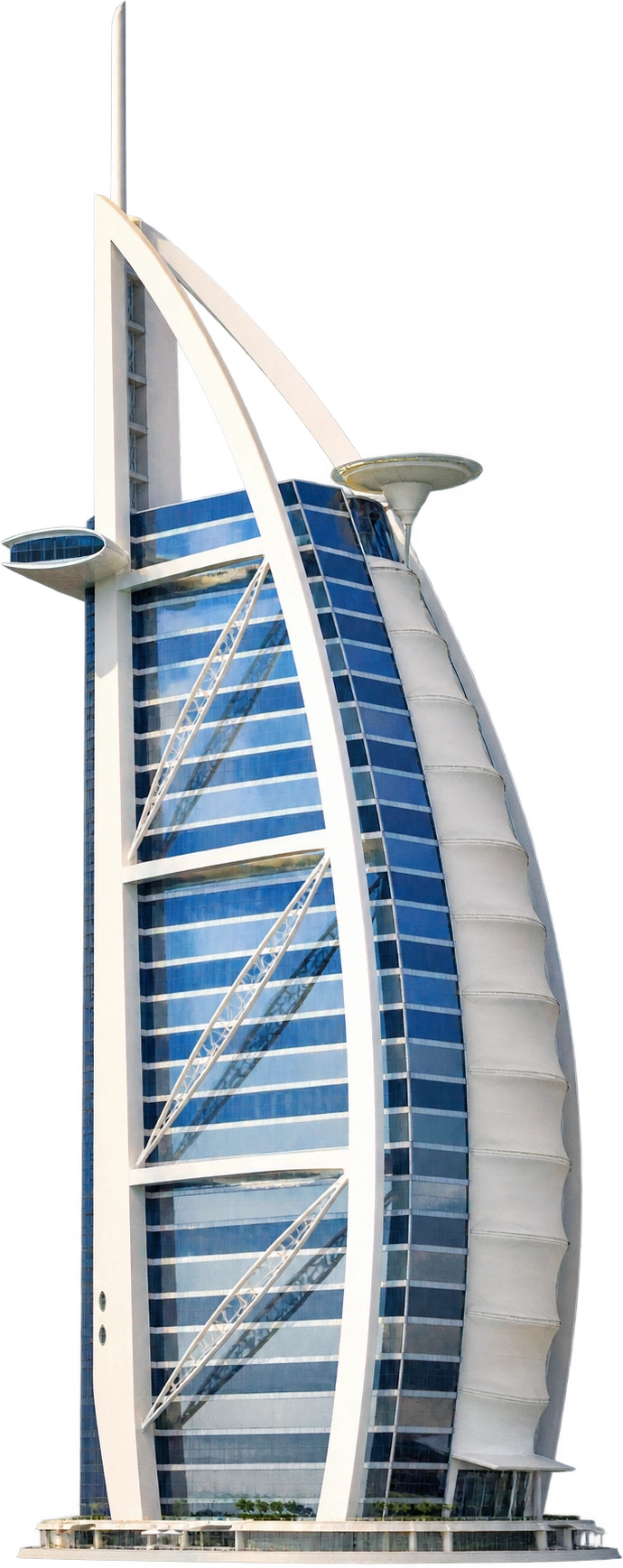 Burj Al Arab, Dubai, United Arab Emirates. Full building height including upper spire: 321 meters.