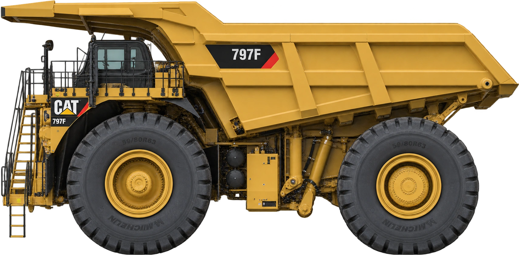 Caterpillar 797F haul truck, 797F · empty, dump body lowered. Front canopy height · empty truck, body down: 7.709 meters.