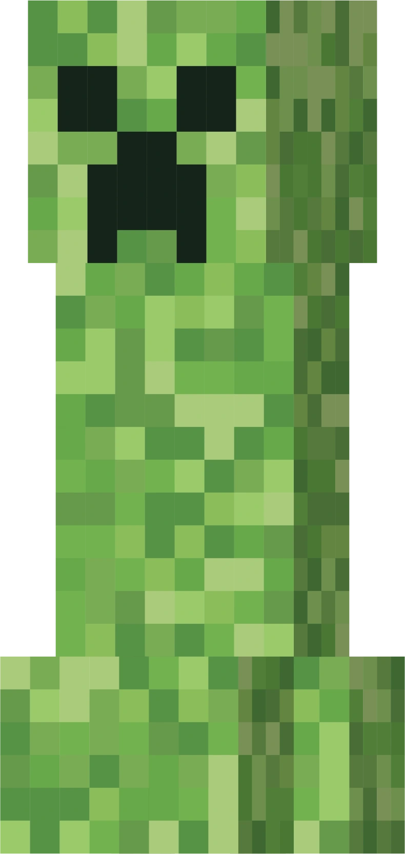 Creeper, Minecraft Bedrock sample · idle uncharged pose. 26 model units · 1 m per block immersion scale: 1.625 meters, illustrative estimate.