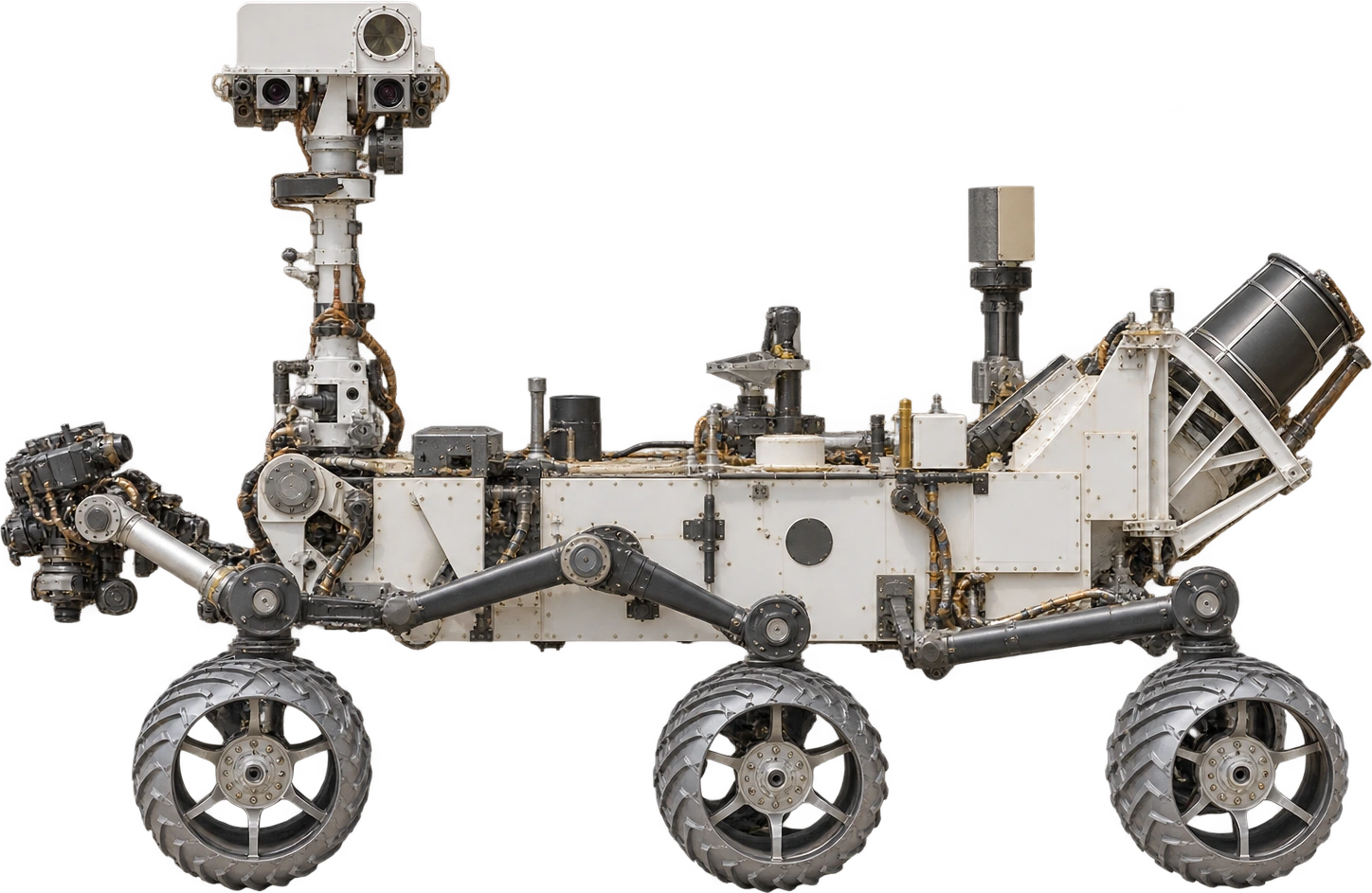 Curiosity rover, Mars Science Laboratory · raised-mast configuration. Approximate overall height · wheels to raised mast: 2.2 meters, illustrative estimate.