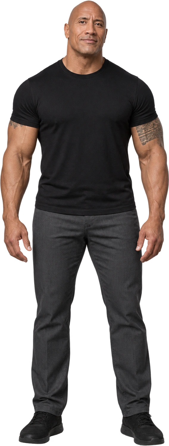 Illustrated likeness of Dwayne Johnson, Illustrated likeness · billed wrestling height. WWE billed wrestling height · 6 ft 5 in · footwear not stated: 1.9558 meters.