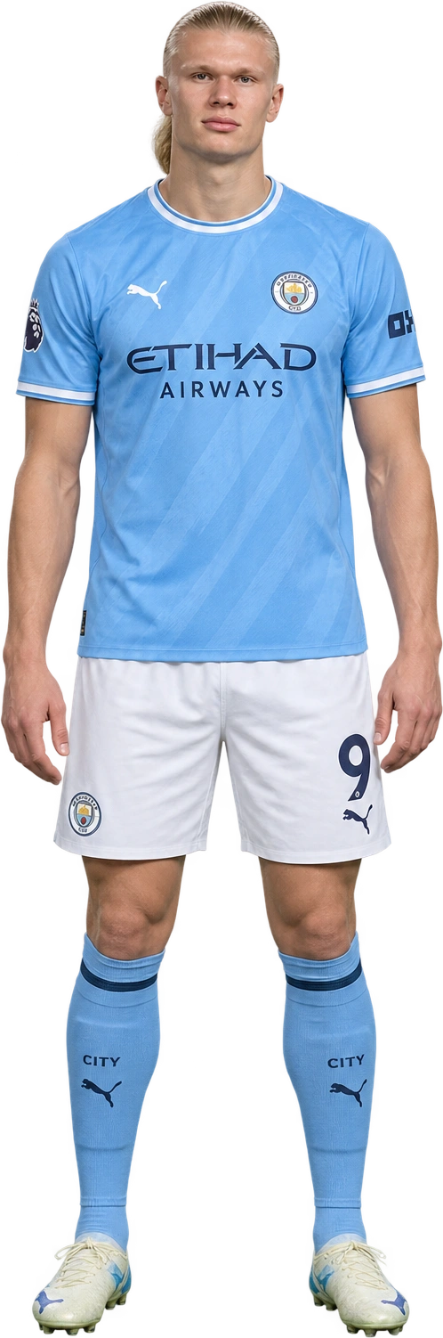 Illustrated likeness of Erling Haaland, Illustrated likeness · listed stature. Manchester City listed stature · 6 ft 4 in · footwear not stated: 1.9304 meters.