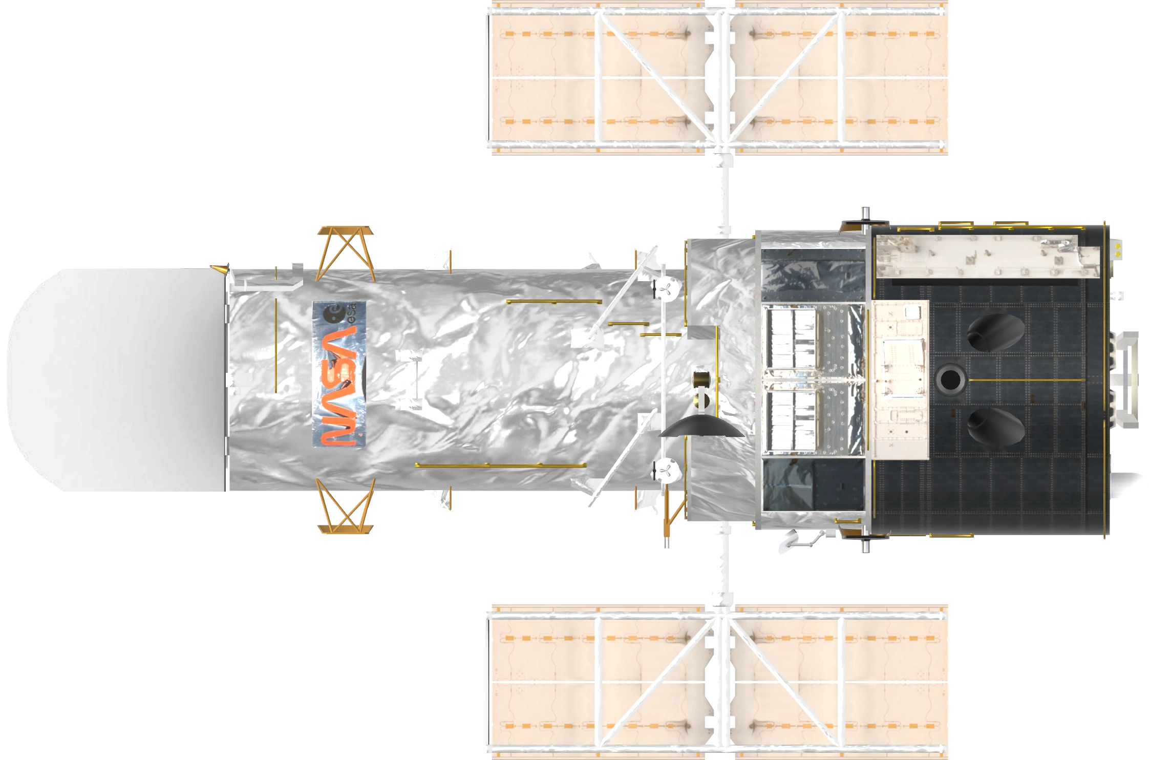 Hubble Space Telescope, Deployed telescope · NASA outreach model. Nominal telescope-body length · aperture to aft end: 13.2 meters.