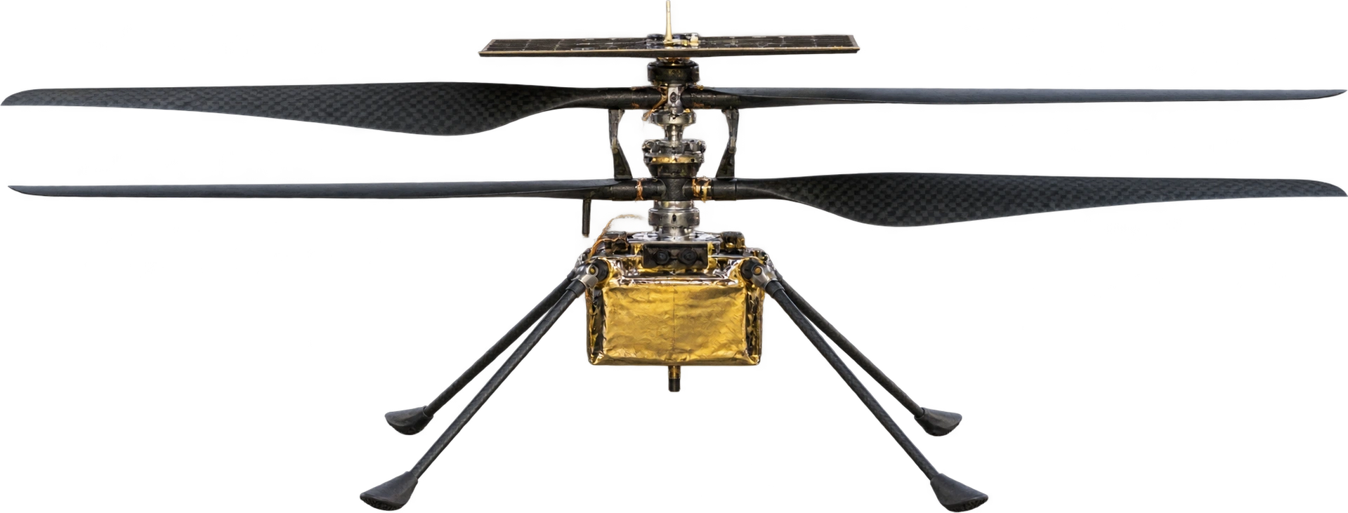 Ingenuity helicopter, NASA Mars helicopter · intact April 2021 configuration. Standing height · feet to top assembly: 0.49 meters.