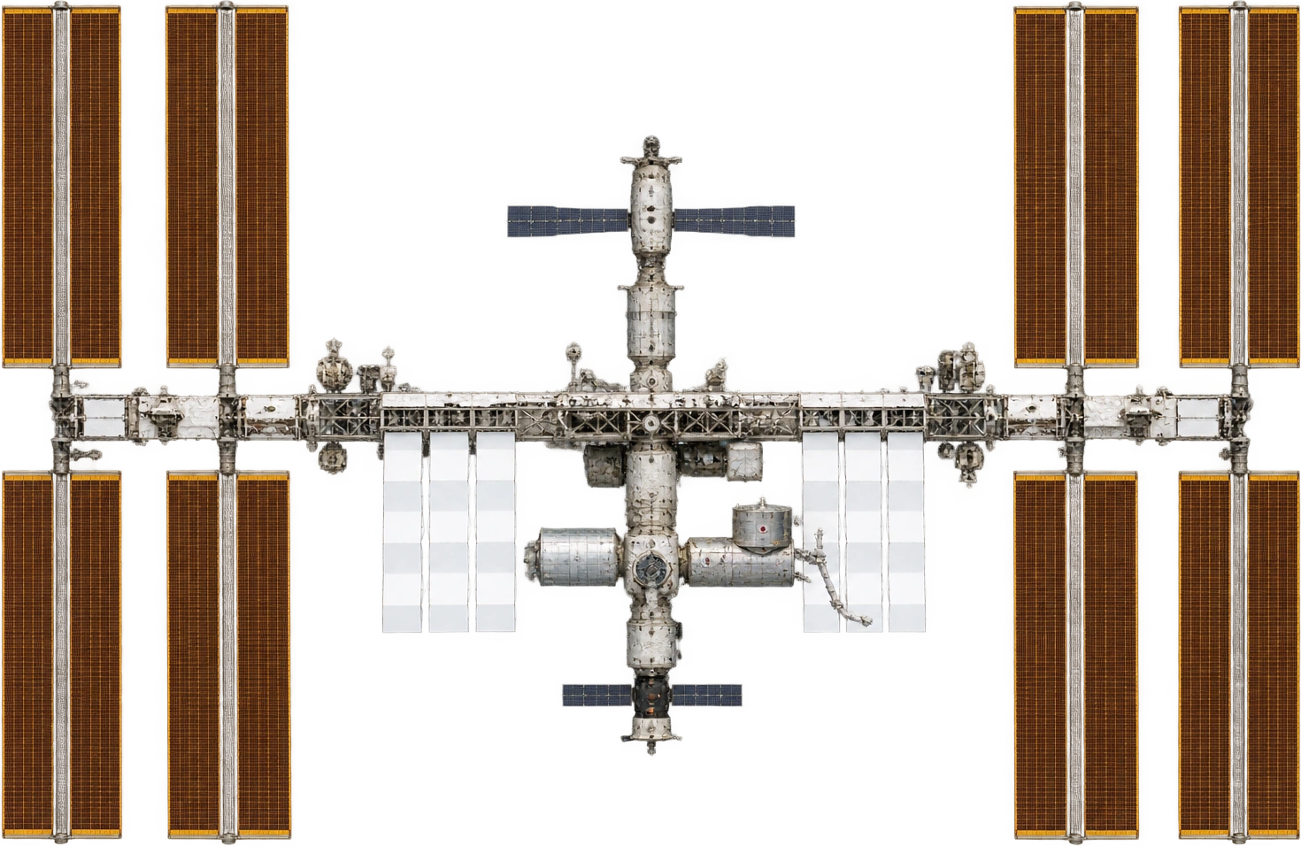 International Space Station, Deployed main assembly · pre-iROSA appearance. Overall span across arrays · NASA 109-meter reference: 109 meters.