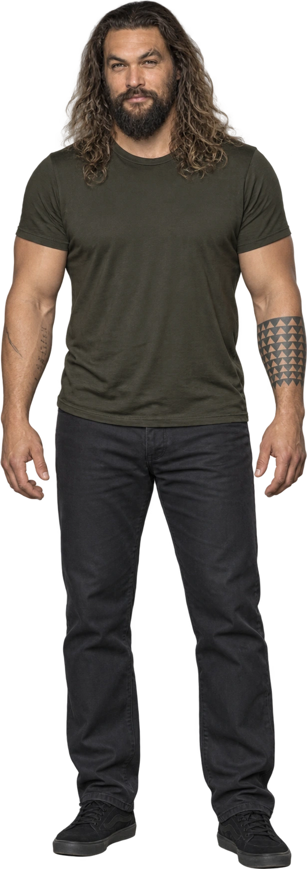 Illustrated likeness of Jason Momoa, Illustrated likeness · self-reported stature. Guitar World self-reported stature · 6 ft 4 in reference within a 6 ft 4–5 in self-report · footwear not stated: 1.9304 meters, illustrative estimate.