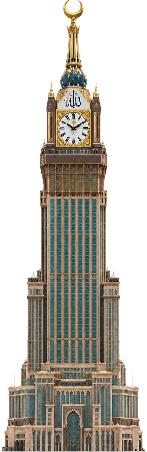 Makkah Royal Clock Tower, Makkah, Saudi Arabia. Central tower height, including crescent finial: 601 meters.