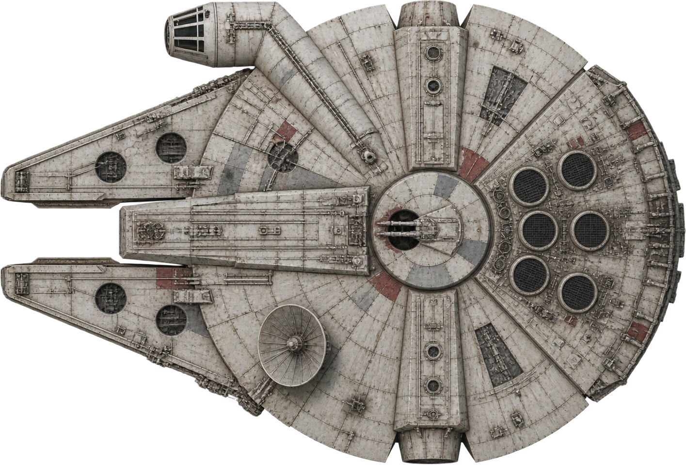 Millennium Falcon, Star Wars · original-trilogy configuration. Published fictional overall length · forward mandibles to stern: 34.75 meters.