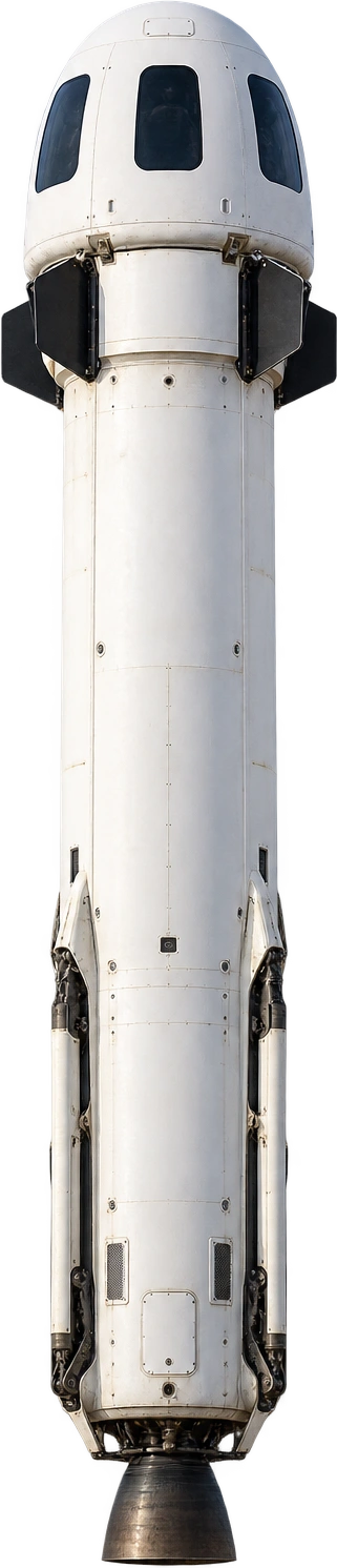 New Shepard, Full booster and capsule · 2021 research reference. Approximate full stacked vehicle height · 2021 reference · landing legs stowed: 18 meters, illustrative estimate.