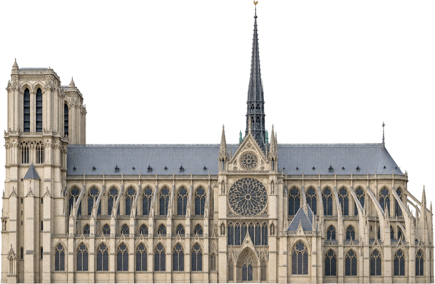 Notre-Dame de Paris, Paris, France · restored 2024 spire configuration. Restored central spire tip · 96 m: 96 meters.