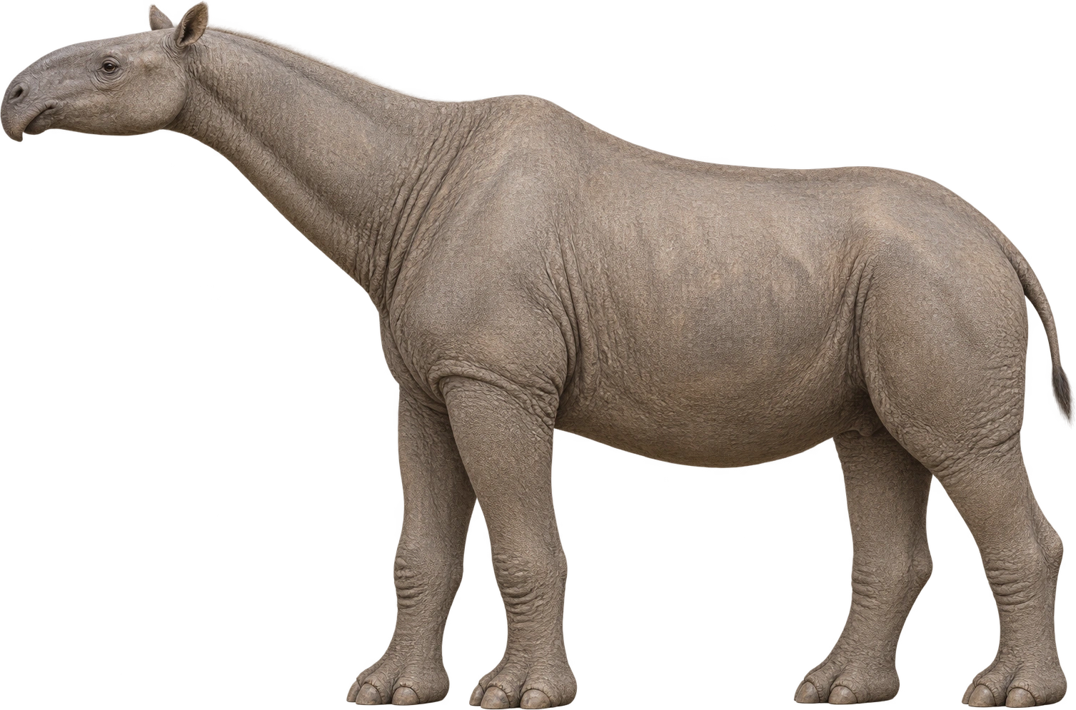Paraceratherium, P. transouralicum · large-remains shoulder estimate. Qualified extrapolated shoulder-height estimate · approximately 4.8 meters: 4.8 meters, illustrative estimate.
