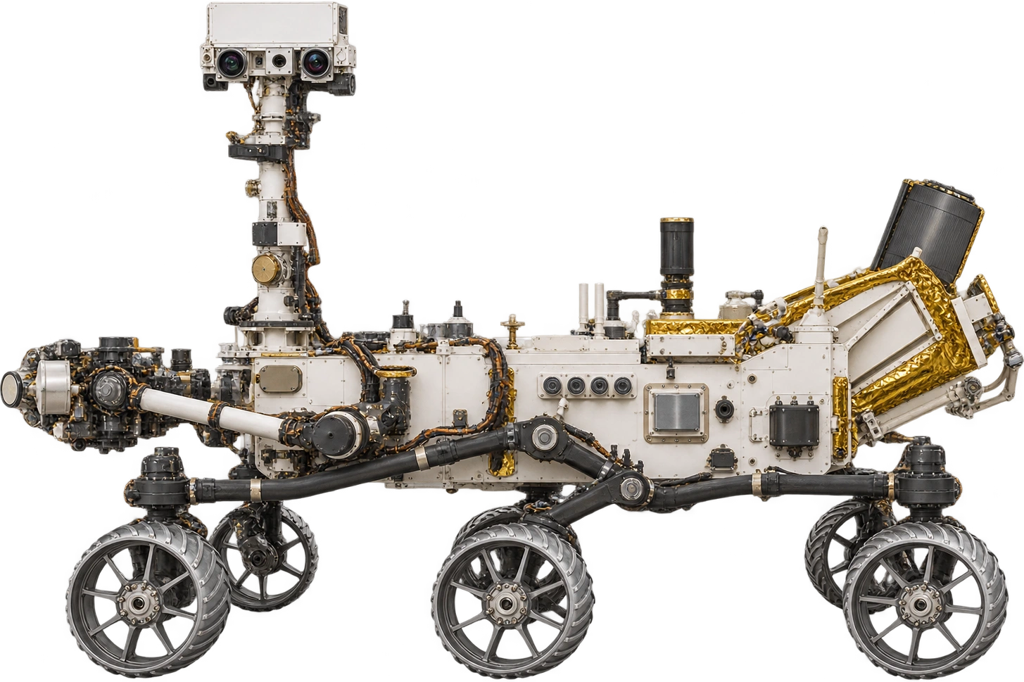 Perseverance rover, Mars 2020 · raised-mast configuration. Approximate overall height · wheels to raised mast: 2.2 meters, illustrative estimate.