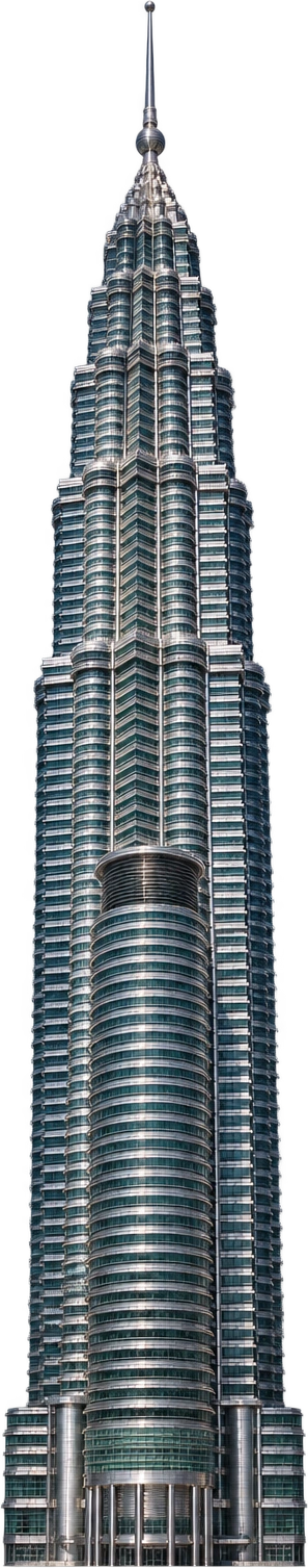 Petronas Tower 1, Kuala Lumpur, Malaysia. One tower, including architectural spire: 451.9 meters.
