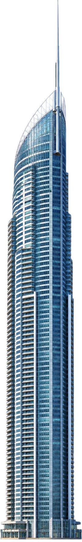 Q1 Tower, Gold Coast, Australia. Architectural and tip height including full spire: 322.5 meters.