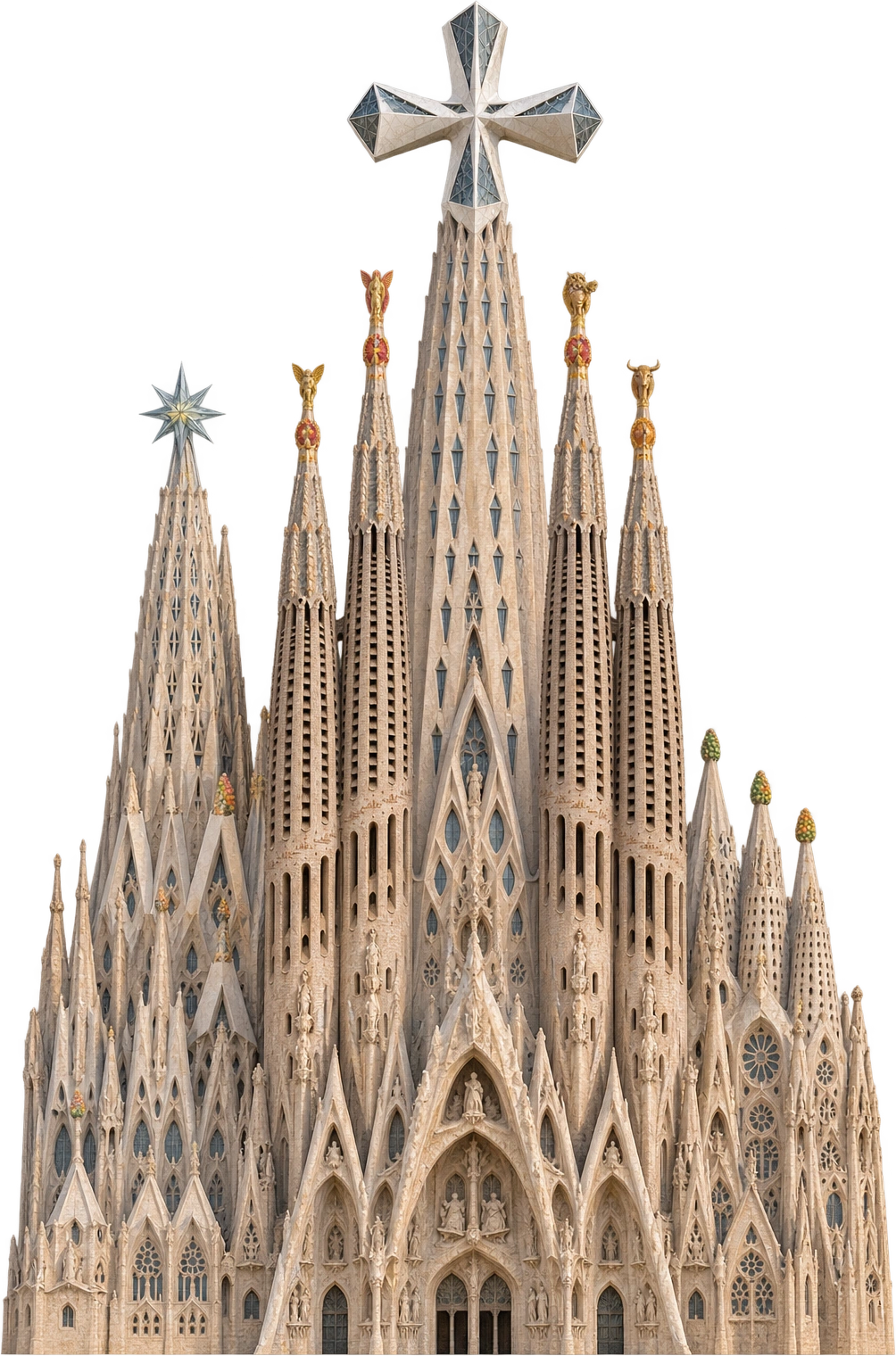 Sagrada Família, Barcelona, Spain · February 20, 2026 tower state. Installed cross on Jesus Christ tower · February 20, 2026: 172.5 meters.
