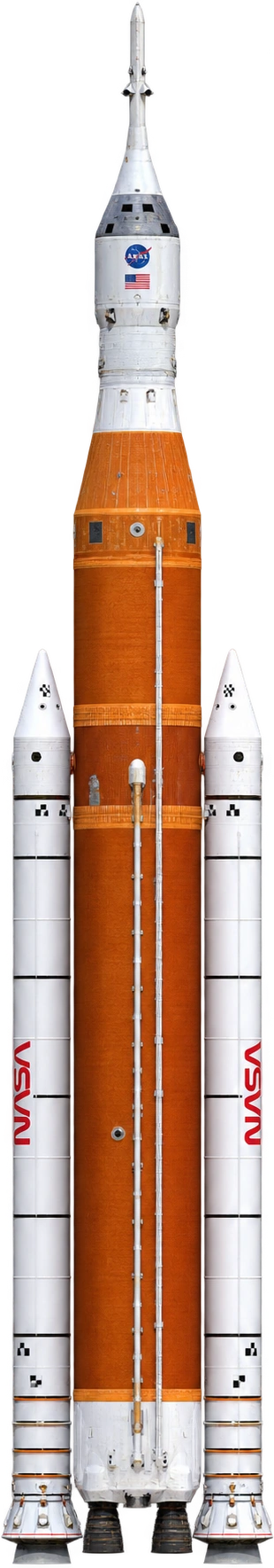 Space Launch System, Block 1 crew configuration · Orion included. Full Block 1 crew stack including Orion and launch abort tower · rounded: 98.3 meters.