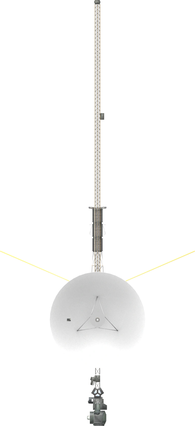 Voyager 1, Deployed spacecraft · high-gain antenna reference. High-gain antenna diameter · approximately 3.7 meters: 3.7 meters, illustrative estimate.