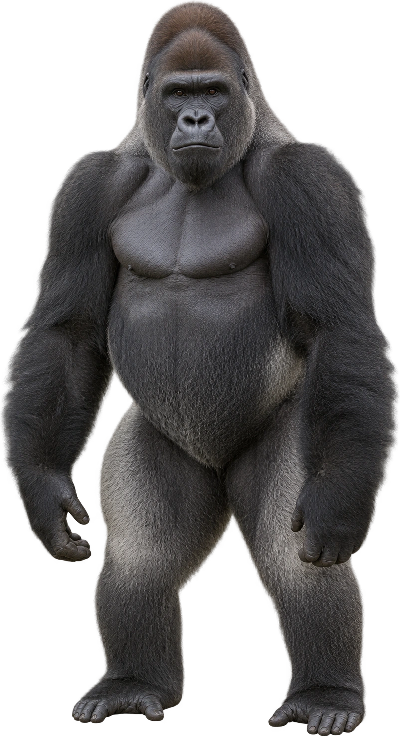 Western gorilla, Western lowland silverback · upper male reference. Zoo-listed upper male stature · nominal 6 feet: 1.8288 meters, illustrative estimate.