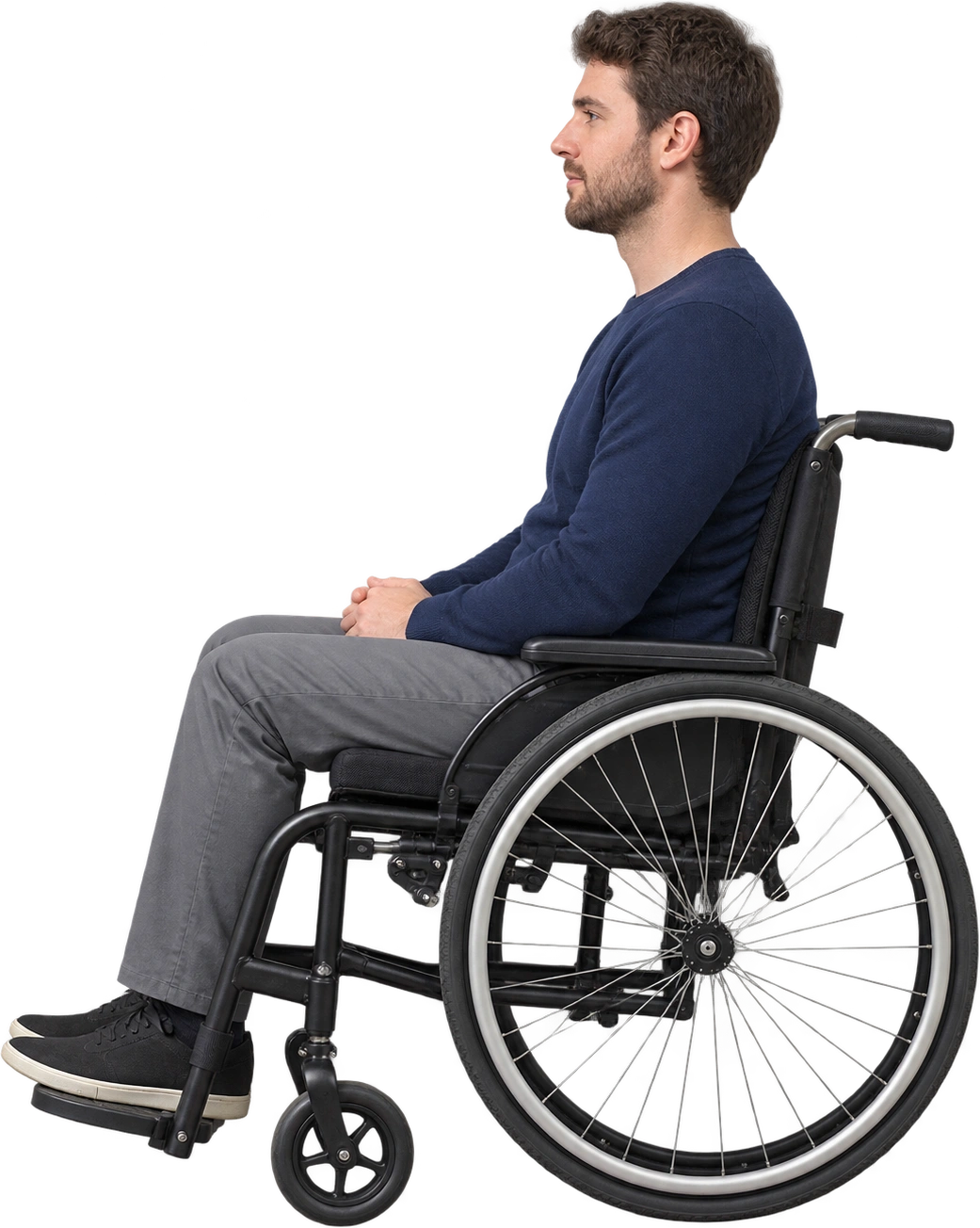 Wheelchair user reference, Configurable seated head-to-floor example. Chosen seated head-to-floor height · chair and posture are illustrative: 1.25 meters, illustrative estimate.